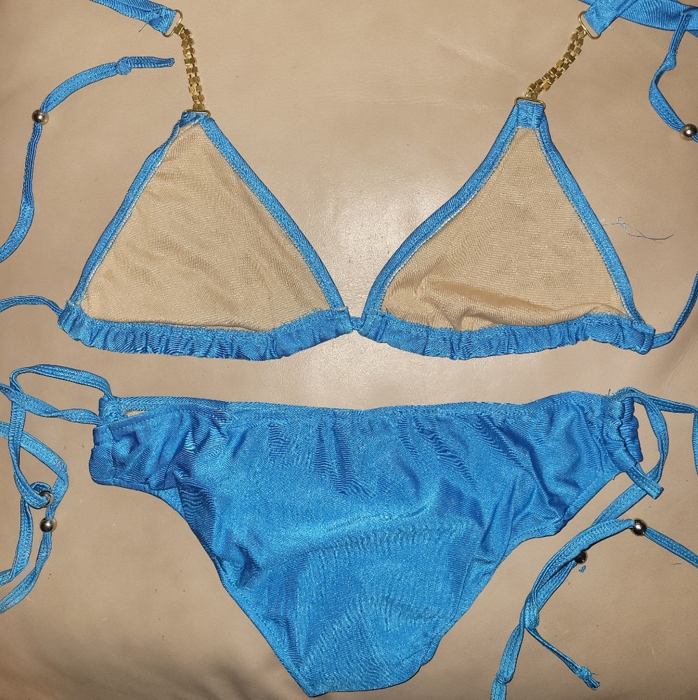 Light Blue Bling Tri-Top Tie-Side Bottom Bikini - Picture 5 of 7